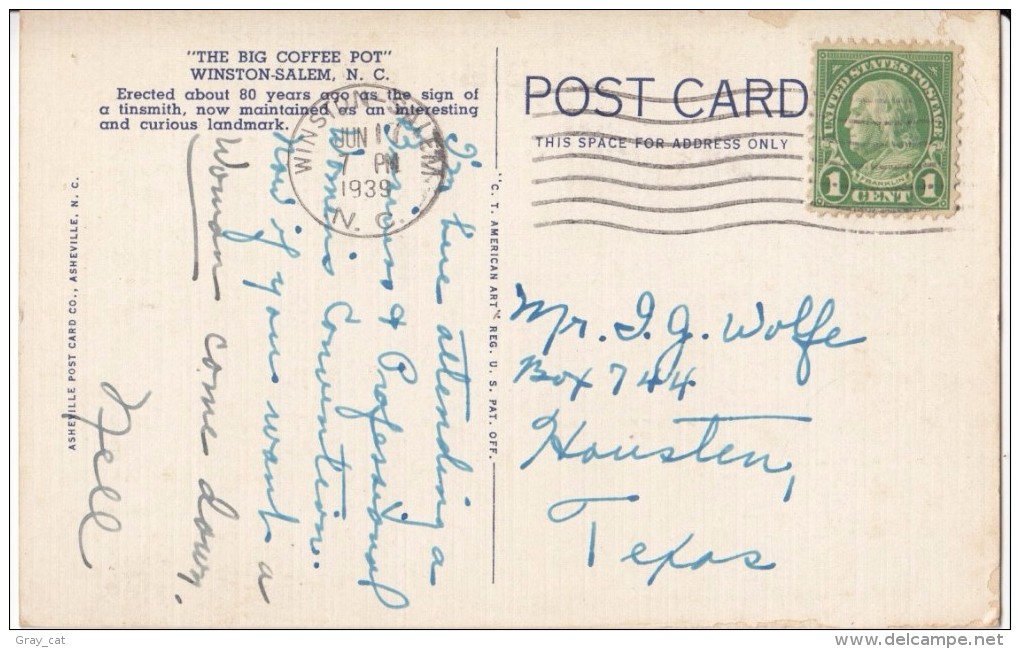 The Big Coffee Pot, Winston-Salem, NC, 1939 Used Postcard [17755] - Winston Salem