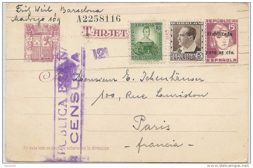 LCTN41- ESPAGNE EP CP DE BARCELONE A DESTINATION DE PARIS SEPTEMBRE 1937 CENSURE - 1931-....