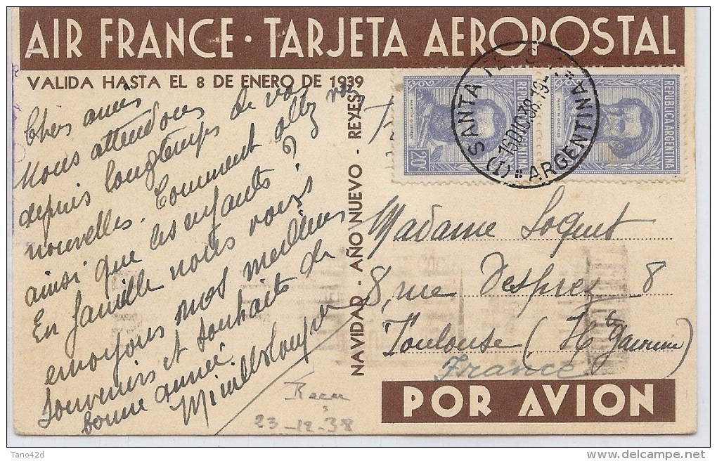 LCTN41- ARGENTINE CP AIR FRANCE - TARJETA AEROPOSTAL 1939 - SANTA FE / TOULOUSE 16/12/1938 - Poste Aérienne