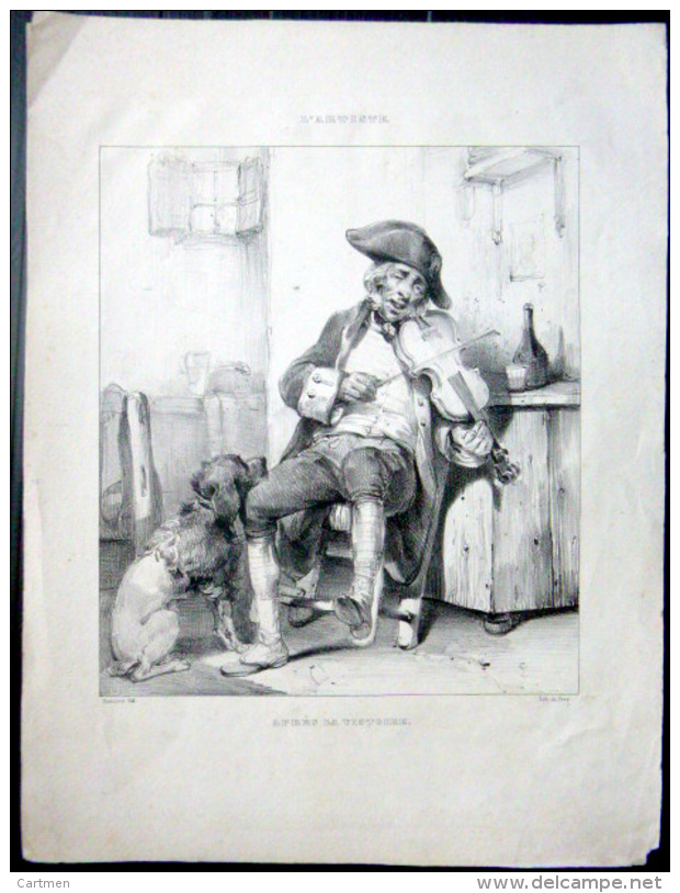 MUSIQUE VIOLON  LITHOGRAPHIE  REPRESENTANT UN ANCIEN MILITAIRE JOUANT DU VIOLON  DOCUMENT ANCIEN VERS 1840 - Autres & Non Classés