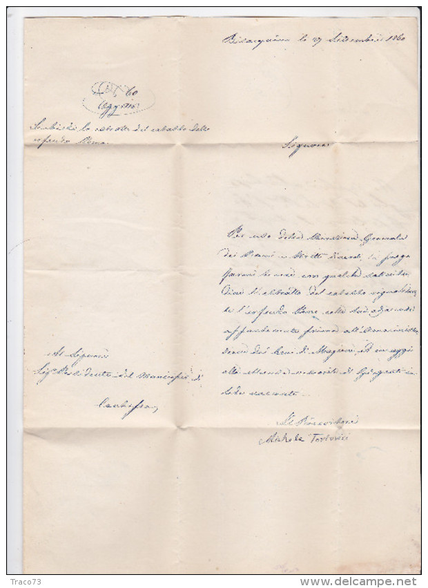 BISACQUINO - 27 Settembre 1860 /  Piego _ Ovale " Ricevitoria Di Bisacquino " - Sicile