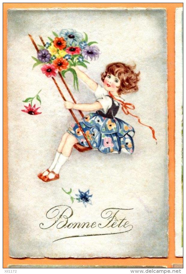 FAP-23  Bonne Fête, Fillette En Balançoire Avec Bouquet De Fleurs. Gaufré. Circulé Sous Enveloppe En 1931 - Naissance