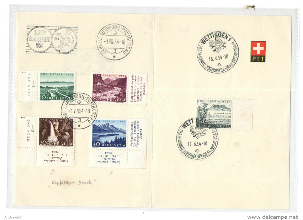 SVIZZERA - HELVETIA - 1954 - Pro Patria - Carnet PTT - Zürich Bundesfeier-Automobil Postbureau + Wettingen-Schweiz Ze... - Storia Postale