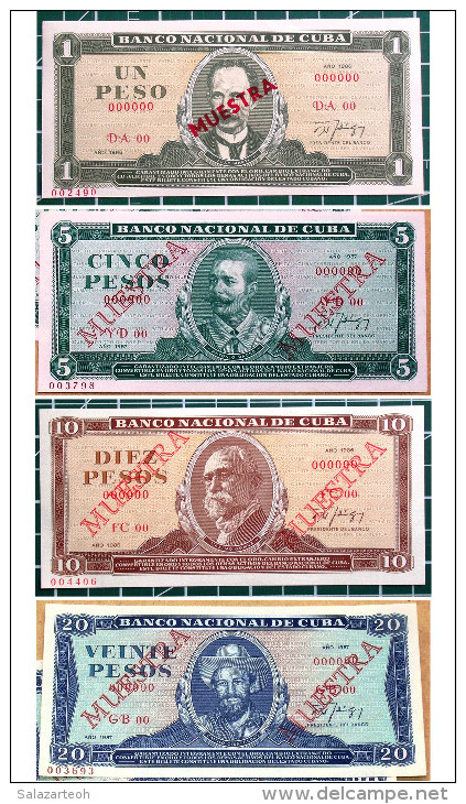 1, 5, 10 & 20 Pesos MUESTRA, 1986-87 Issue, Really Mint UNC Condition, CUBA - Cuba