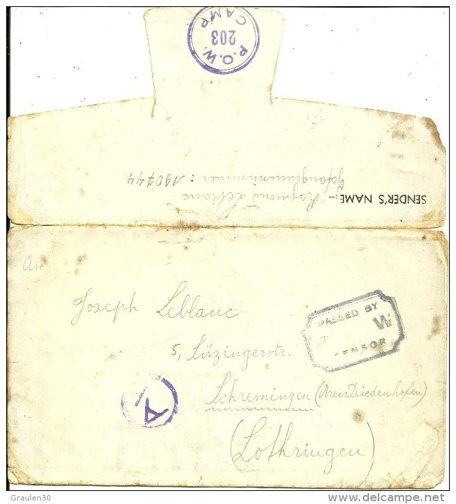 Enveloppe Du Camp De Prisonniers 190744-cachet P.O.W.203 CAMP Pour La Lorraine Occupée-1943 - Storia Postale