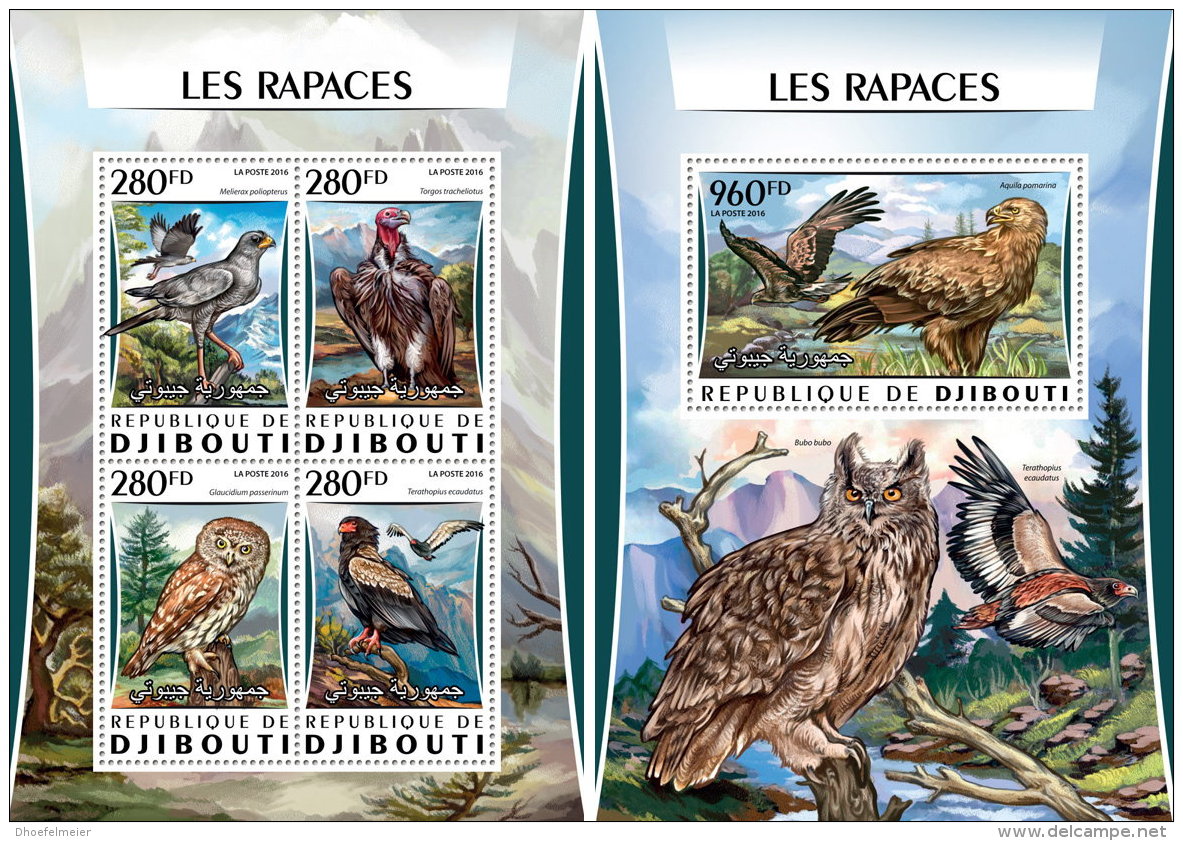 DJIBOUTI 2016 ** Raptors Birds Of Prey Greifvögel M/S+S/S - OFFICIAL ISSUE - A1621 - Arends & Roofvogels