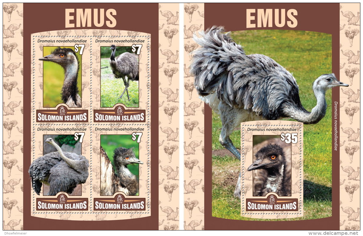 SOLOMON ISLAND 2016 ** Emus M/S+S/S - OFFICIAL ISSUE - A1621 - Ostriches