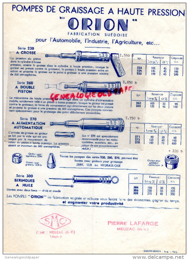87 - MEUZAC - PUBLICITE  PIERRE LAFARGE- POMPES GRAISSAGE ORION- SUEDE- POUR AUTOMOBILE- - 1900 – 1949