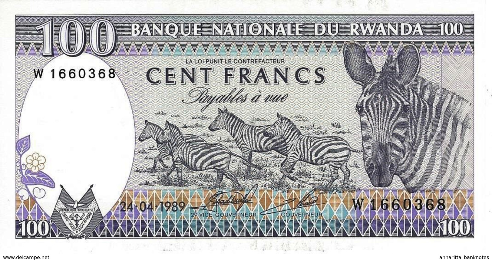 RWANDA 100 FRANCS 1989 P-19 UNC [ RW119a ] - Rwanda