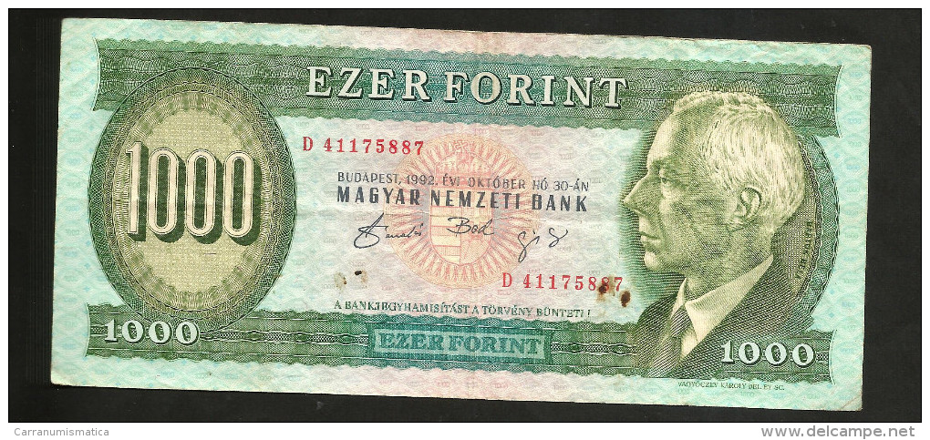 UNGHERIA / HUNGARY / MAGIAR  - NATIONAL BANK - 1000 FORINT (Budapest - 1992) - Hongrie