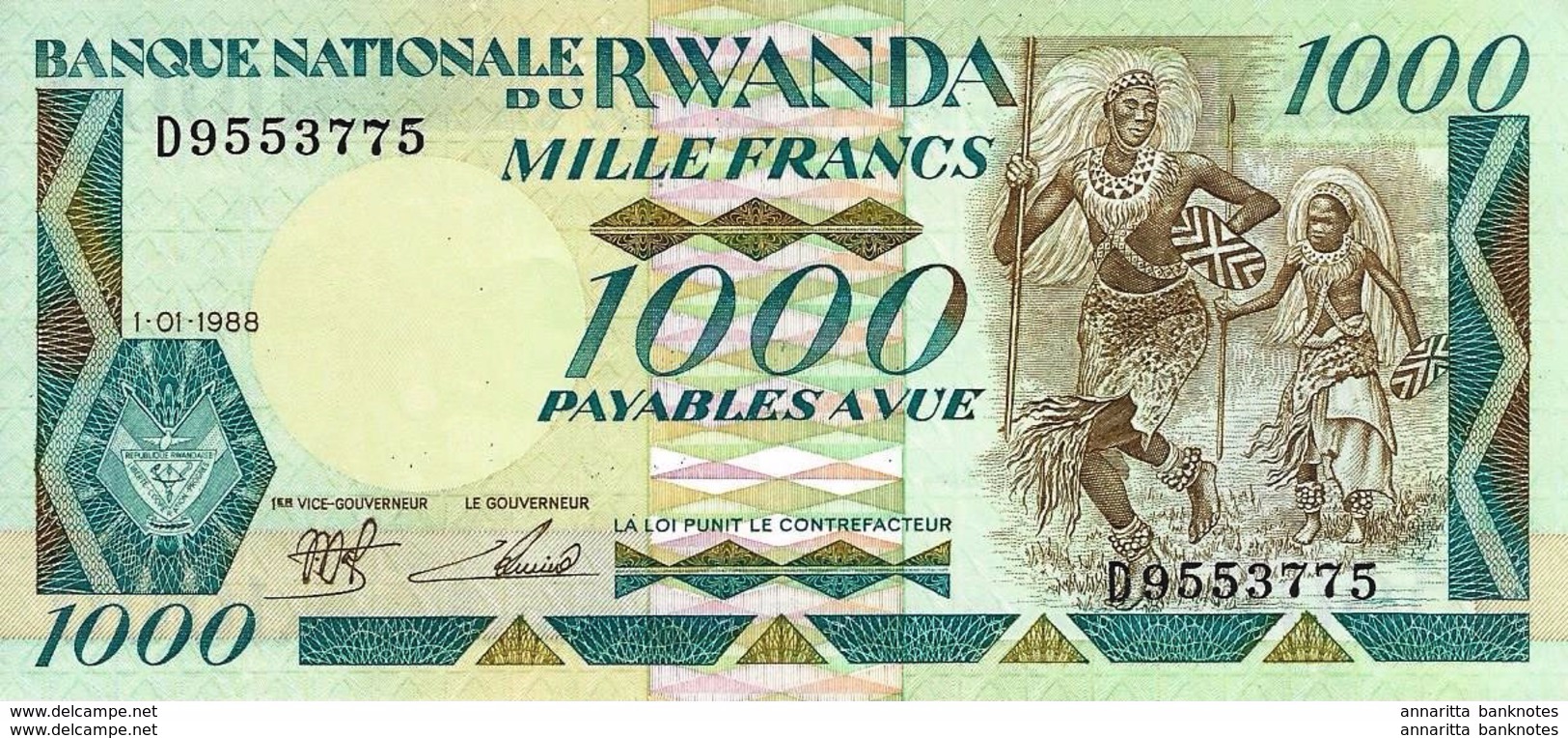 RWANDA 1000 FRANCS 1988 P-21 UNC [ RW120a ] - Ruanda