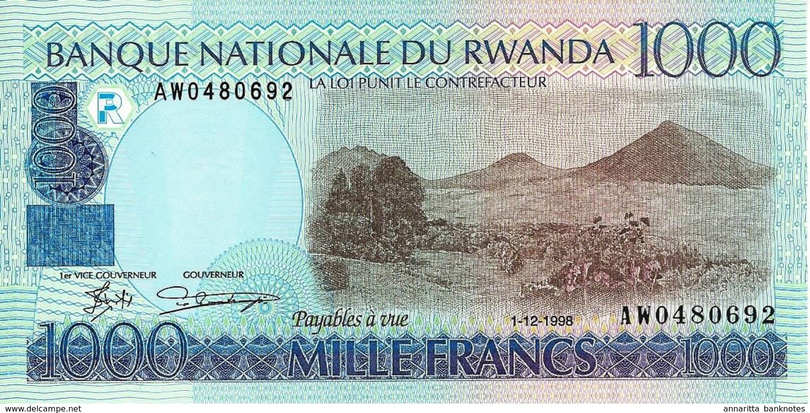 RWANDA 1000 FRANCS 1998 P-27 UNC NARROW SER. [ RW126b ] - Rwanda