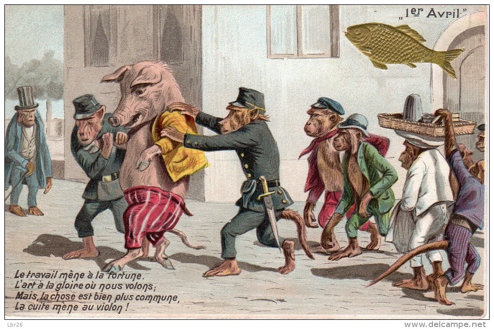 CPA Cochon Humanisé Ivre Amené En Prison Par Des Singes Policiers  Vers 1910 Bon état - Dressed Animals