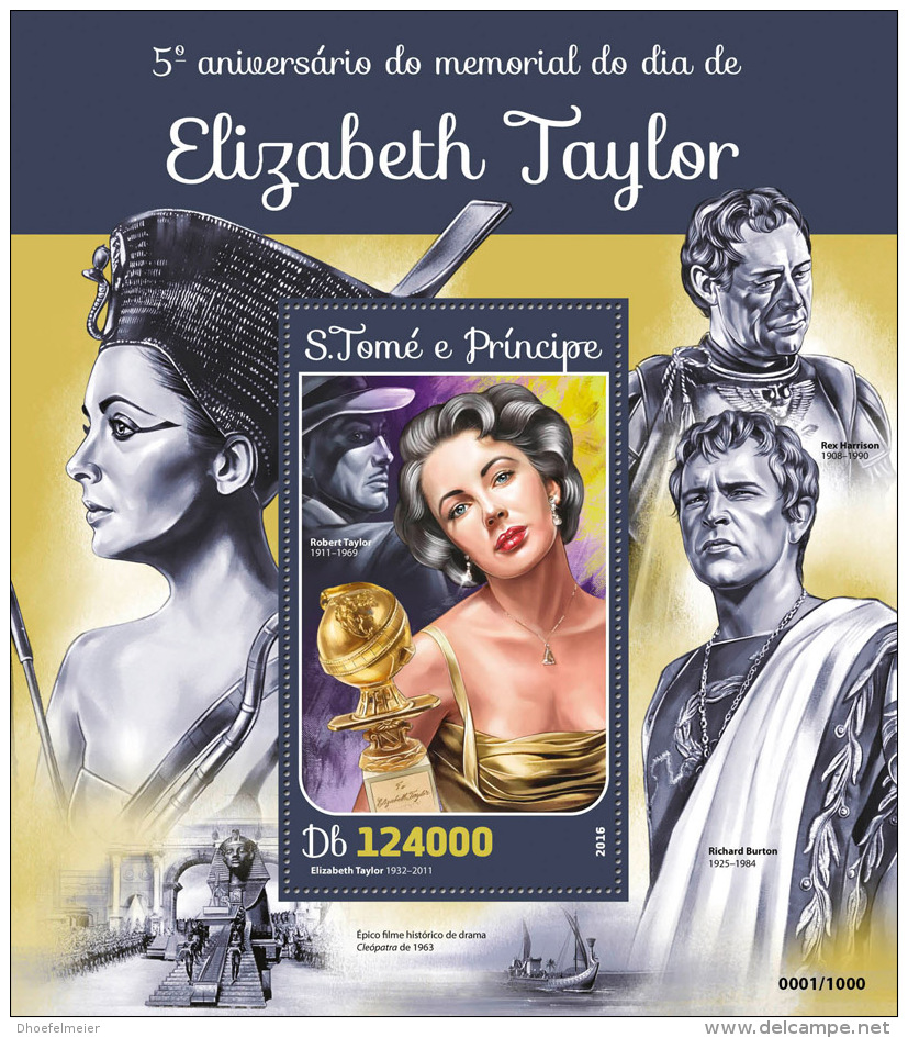 SAO TOME 2016 ** Elizabeth Taylor Robert Tayler Rex Harrison Richard Burton S/S - OFFICIAL ISSUE - A1625 - Cinema