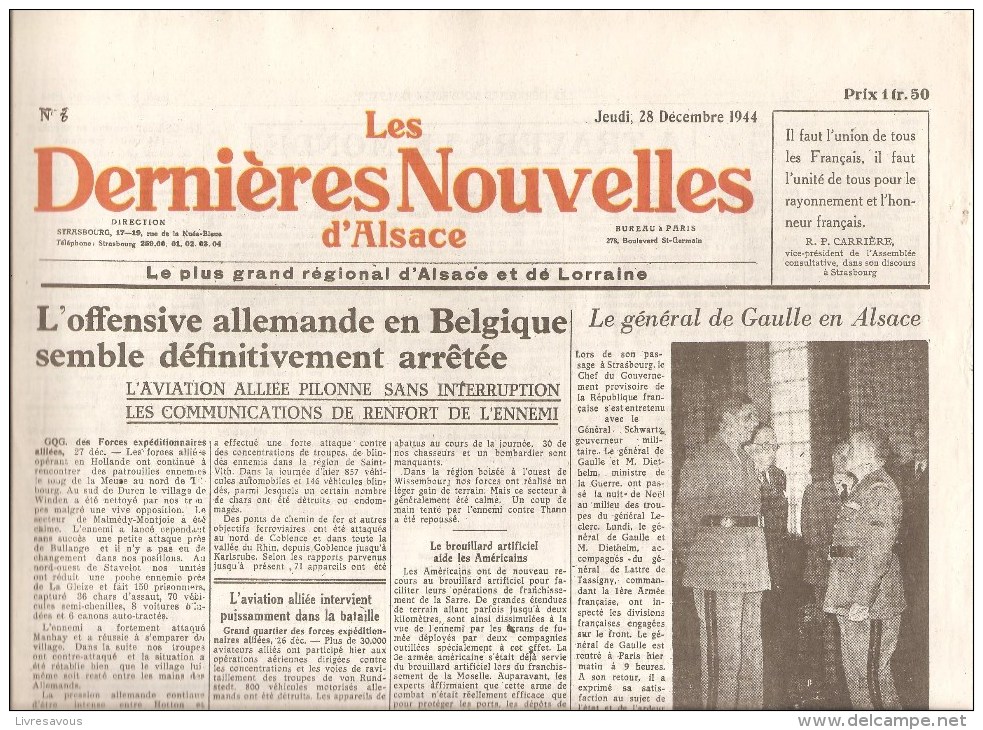 Alsace Les Dernières Nouvelles D´Alsace N°8 Du 28 Décembre 1944 - Other & Unclassified