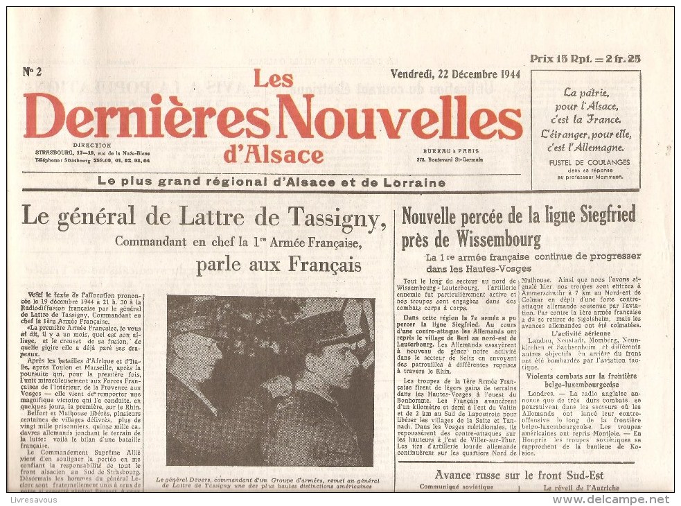 Alsace Les Dernières Nouvelles D´Alsace N°2 Du 22 Décembre 1944 - Autres & Non Classés