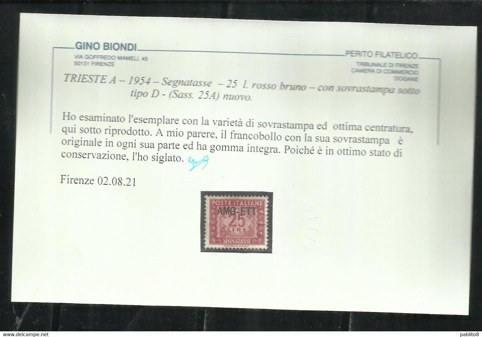 TRIESTE A 1954 AMG-FTT NUOVO TIPO DI SOPRASTAMPA OVERPRINTED SEGNATASSE POSTAGE DUE TASSE TAXE LIRE 25 MNH CENTRATO - Postage Due