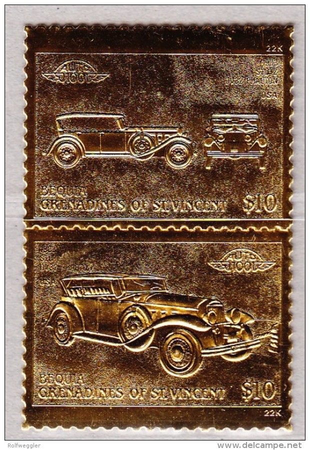 Grenadines & St. Vincent Motiv Auto Stutz Phaeton DV 32 Senkr. Paar $10 Echt 22Kr Gold - Antilles