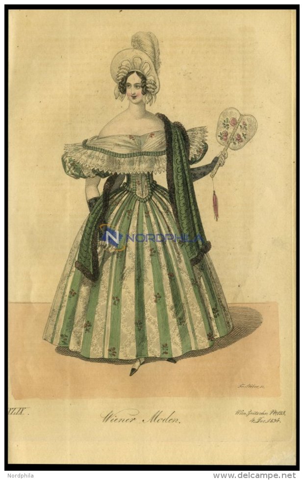 Wiener-Moden - Kleid Aus Satin Pompadour Mit Blonden Geputzt, Dazu Mantille Von Samt Mit Zobel Verziert, Altkolorierter - Litografia