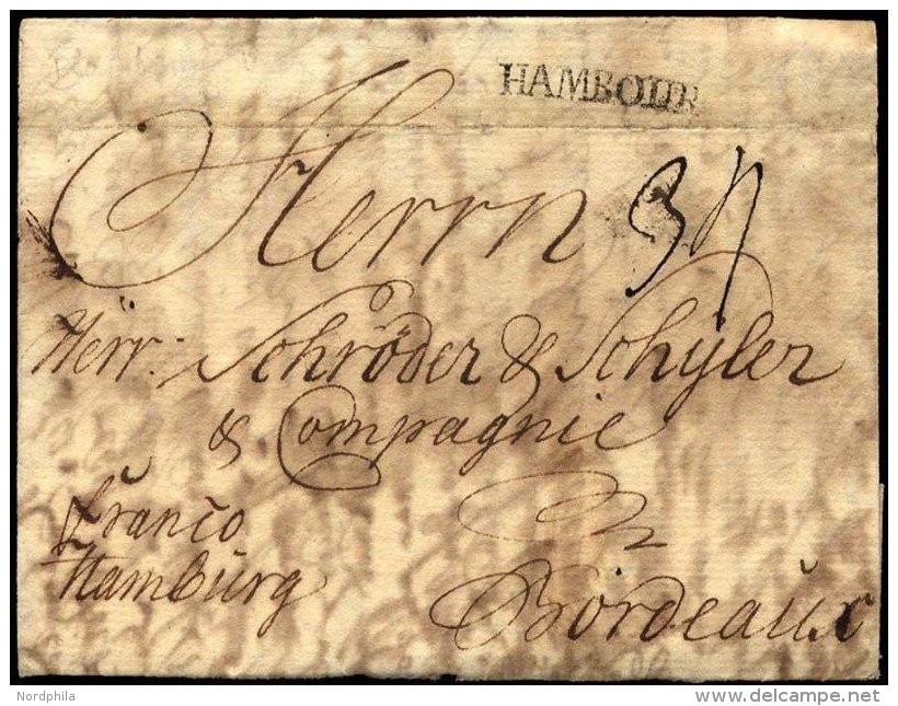 HAMBURG VORPHILA 1768, HAMBOURG, L1 Auf Forwarded-Letter Von Flensburg Nach Bordeaux, Handschriftlich Franco Hamburg, Ag - Altri & Non Classificati