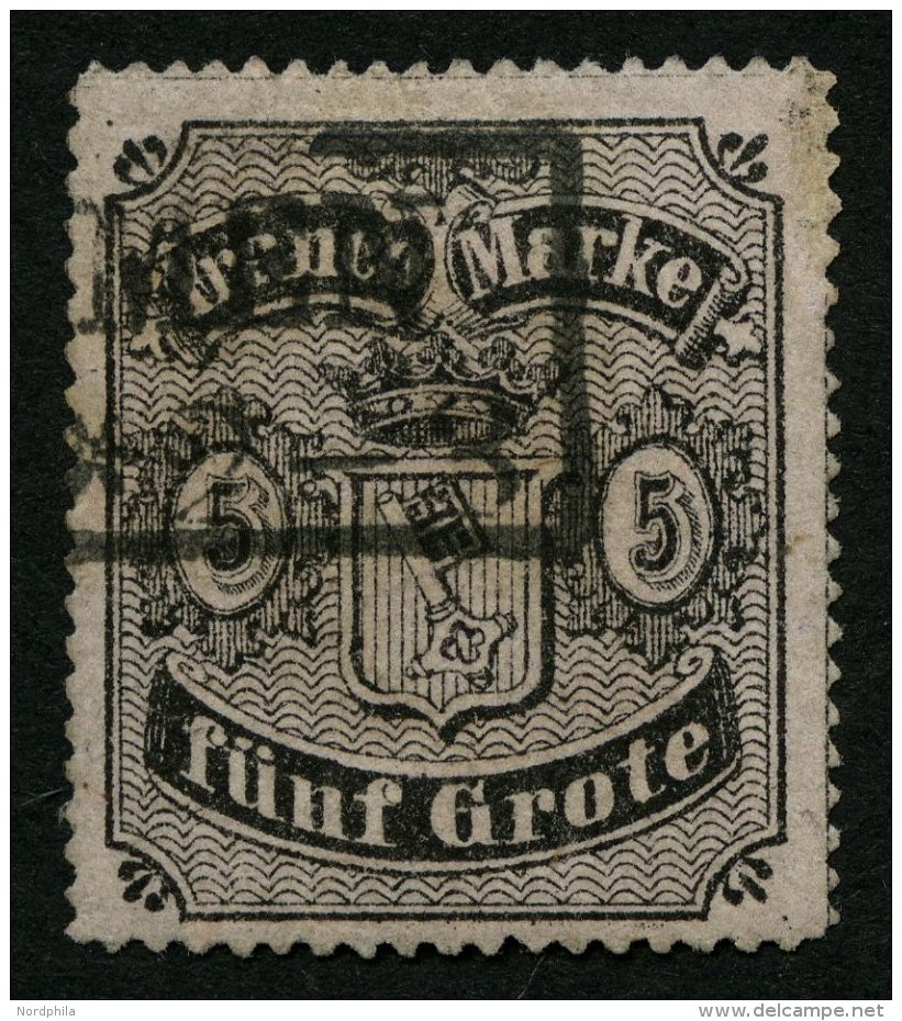BREMEN 7B O, 1862, 5 Gr. Schwarz Auf Hellkarmingrau, Durchstich D 1II, Kleine Korrigierte Stelle Am Rand Sonst Pracht, M - Bremen