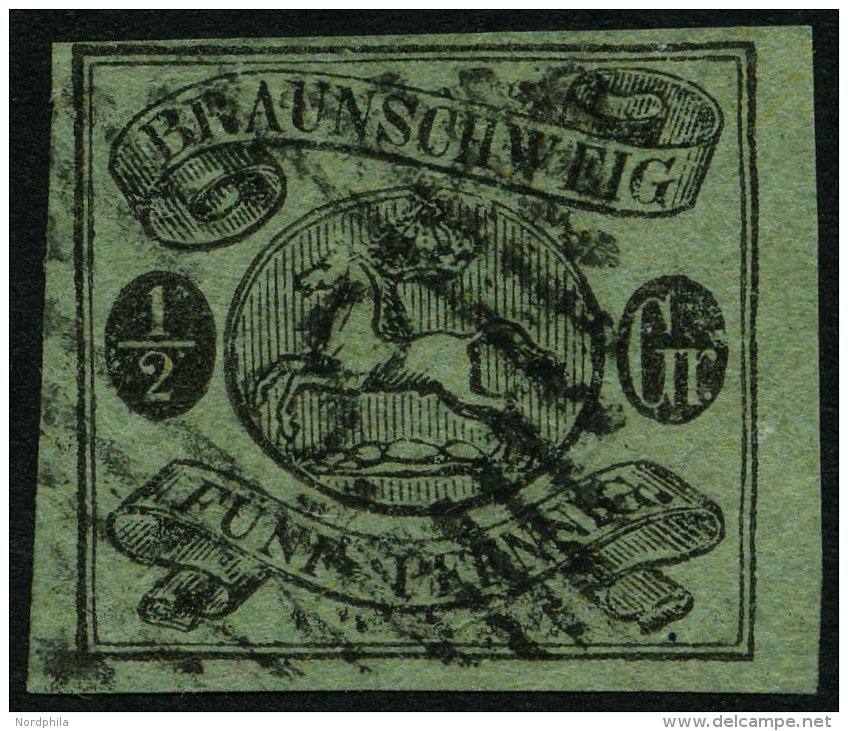 BRAUNSCHWEIG 10A O, 1863, 1/2 Gr. Schwarz Auf Lebhaftgraugrün, Nummernstempel 8, Pracht, Signiert R.F. Engel, Mi. 3 - Braunschweig