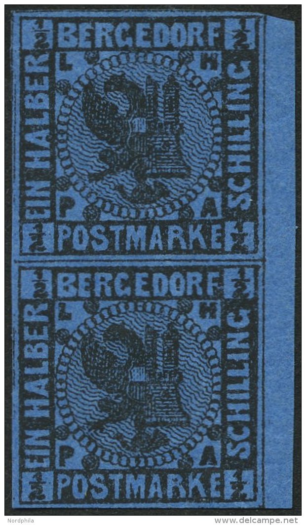 BERGEDORF 1b Paar **, 1867, 1/2 S. Schwarz Auf Blau Im Senkrechten Randpaar, Postfrisch, Leichte Diagonale Bugspur Sonst - Bergedorf