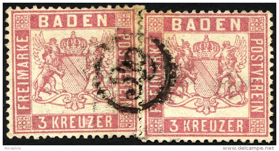 BADEN 16 O, 1862, 3 Kr. Rosakarmin, 2x Mit Einem Zentrischen Uhrradstempel 39, Pracht, R!, Signiert Fulpius Und H.K. - Altri & Non Classificati