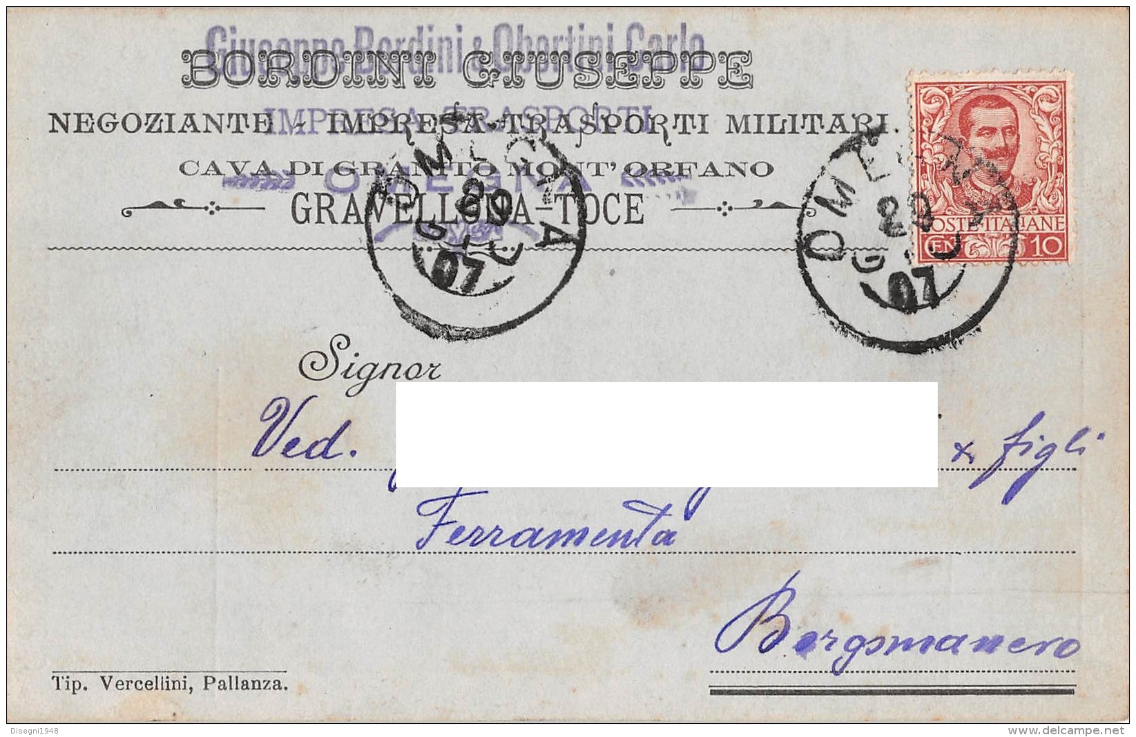 05799 "OMEGNA (VB) - GIUSEPPE BORDINI &amp; OBERTINI CARLO - IMPRESA TRASPORTI " CART. COMM. INTEST., SPEDITA 1907 - Other & Unclassified