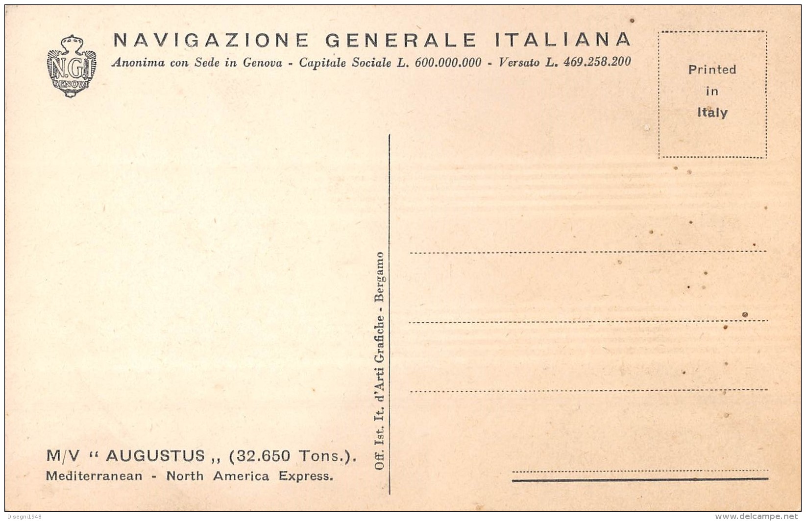 05804 "M/V AUGUSTUS - NAVIG. GEN. IT.- MEDITERRANEAN / NORTH AMERICAN EXPRESS" CART. ILLUSTR. ORIG. , NON SPEDITA - Steamers