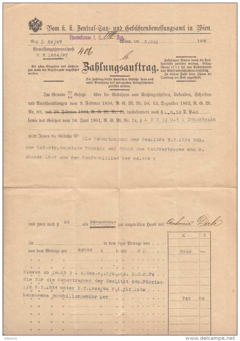 (5 Scans) ÖSTERREICH 1907 - K.u.K.Portofreie Dienstsache RECO Wien, Dokument (Zahlungsauftrag über 3097 Kronrn) Als ... - Briefe U. Dokumente