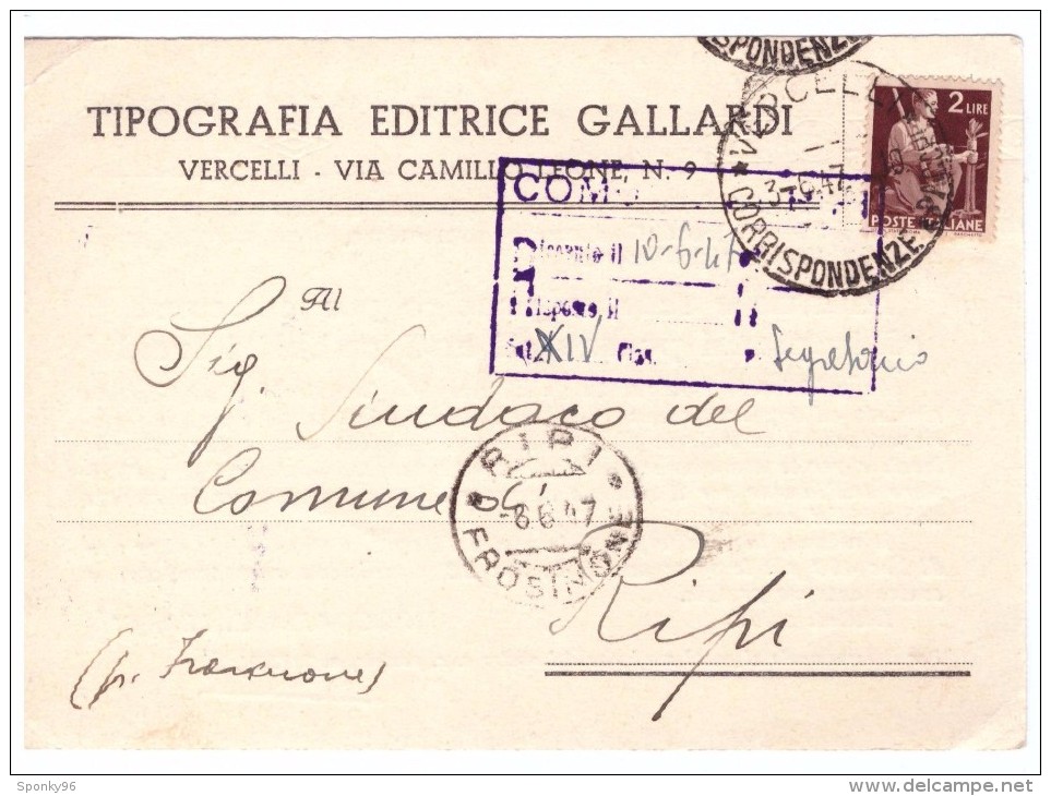 STORIA POSTALE - ITALIA - ANNO 1947 - TIPOGRAFIA EDITRICE GALLARDI - AL SINDACO DEL COMUNE DI RIPI - CONCORSI ENTI PUBBL - Military Mail (PM)