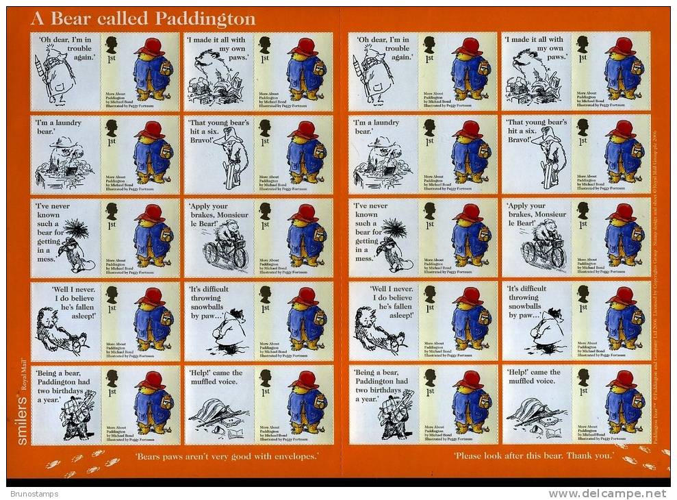 GREAT BRITAIN - 2006  PADDINGTON BEAR GENERIC SMILERS SHEET   PERFECT CONDITION - Feuilles, Planches  Et Multiples