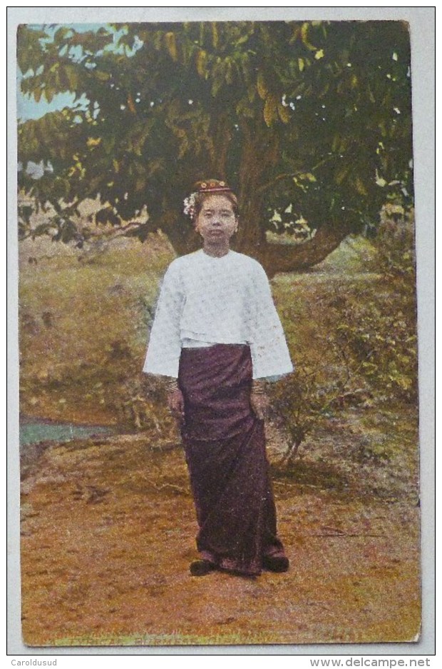 Cpa Precurseur Birmanie Couleur Typical Burmese Girl Fille Femme  Birmane Vetement Folklore Ecrite Par Maximilan Schultz - Myanmar (Burma)