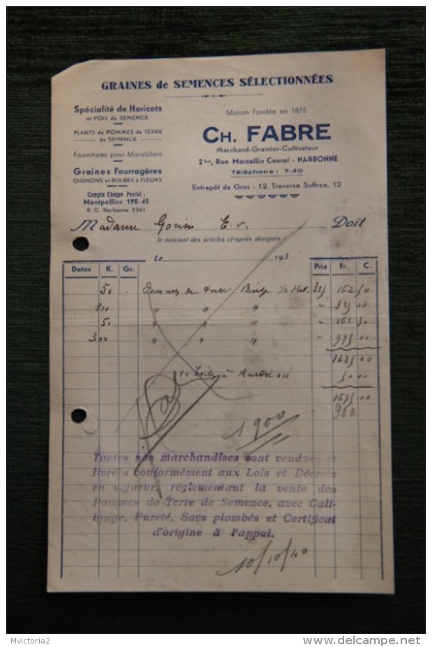 Facture Ancienne - NARBONNE, Graines De Semences Sélectionnées , CH.FABRE - 1900 – 1949