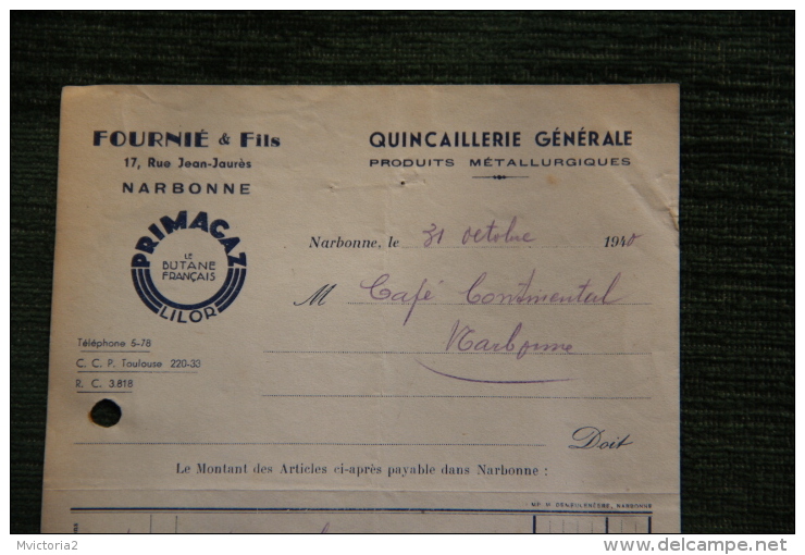 Facture Ancienne - NARBONNE, Quincaillerie Générale,Produits Métallurgiques, FOURNIE Et Fils - 1900 – 1949