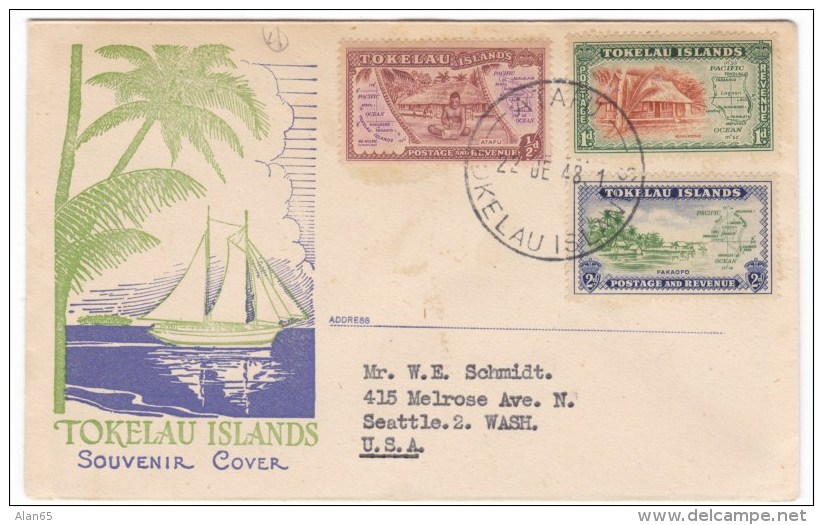 Tokelau Islands #1-3 Illustrated Cover To Seattle Washington State First Day Of Issue 22 June 1948 - Tokelau