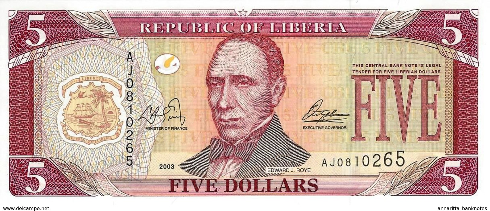 LIBERIA 5 DOLLARS 2003 P-26a UNC [ LR306a ] - Liberia