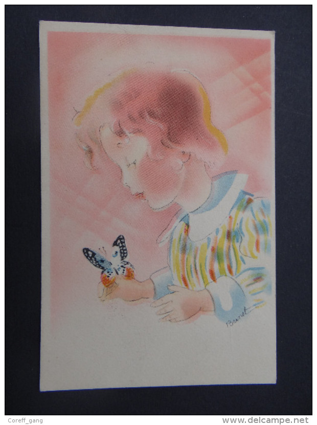 Carte Illustrateur BERNET -petite Fille Au Papillon - Contemporain (à Partir De 1950)