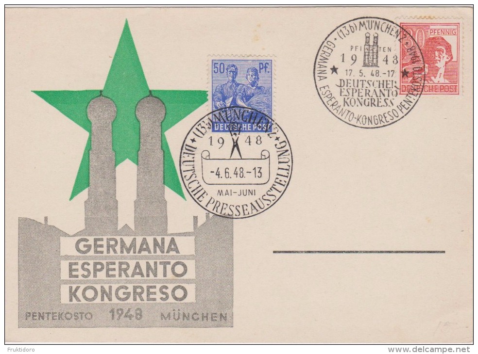 Germany Postcard German Esperanto Conference 1948 Munchen - Mi 953, 955 2nd Allied Control Council Issue - Andere & Zonder Classificatie