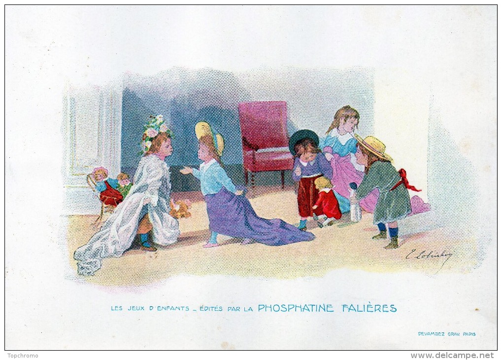 Chromo Phosphatine Falières Les Jeux D´enfants Lobrichon Planche 27 Les Visites Devambez Filles Fillettes Poupées Bébés - Publicités