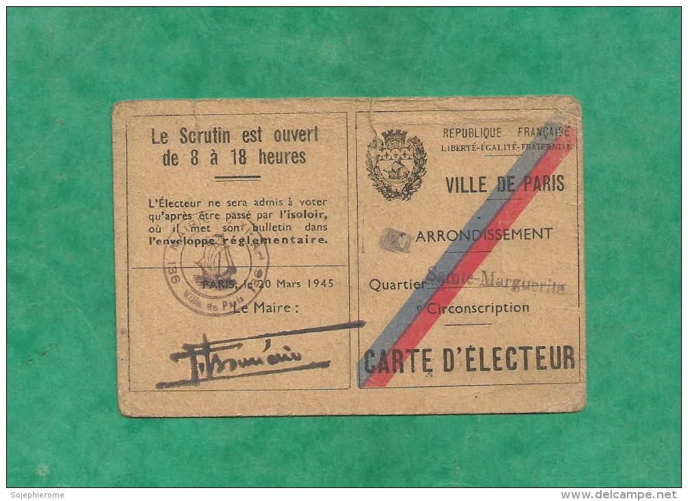 Carte D´électeur 20/03/1945 Paris 11e Roger Chérioux 17 Rue (de) Nice 2 Scans Futur Directeur Du Palais Rochechouart 18e - Autres & Non Classés