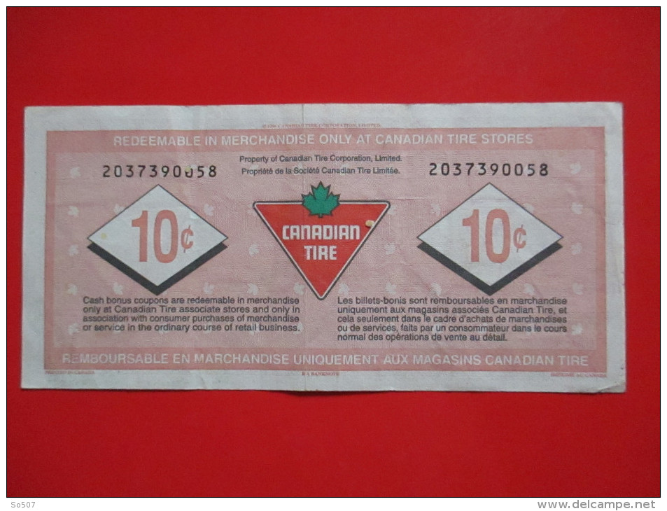 X1- Cash Bonus,Banknote, Billet-Boni,Canada, Canadian Tire-10 ¢  1996.-Circulated - Canada