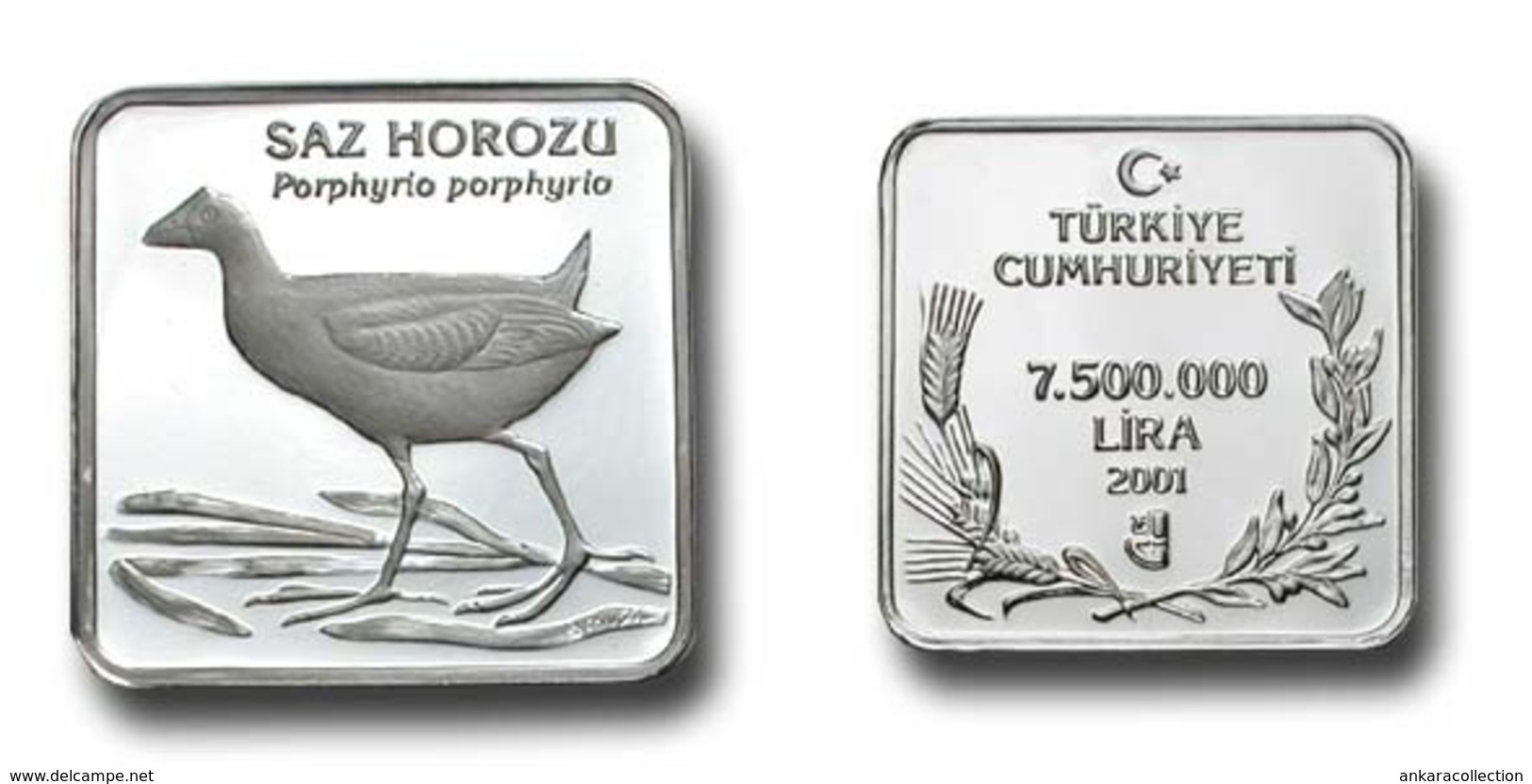 AC - PURPLE SWAMPHEN PORPHYRIO PORPHYRIO COMMEMORATIVE SILVER COIN BIRDS OF TURKEY SERIES #12 TURKEY 2001 PROOF UNC - Turquie