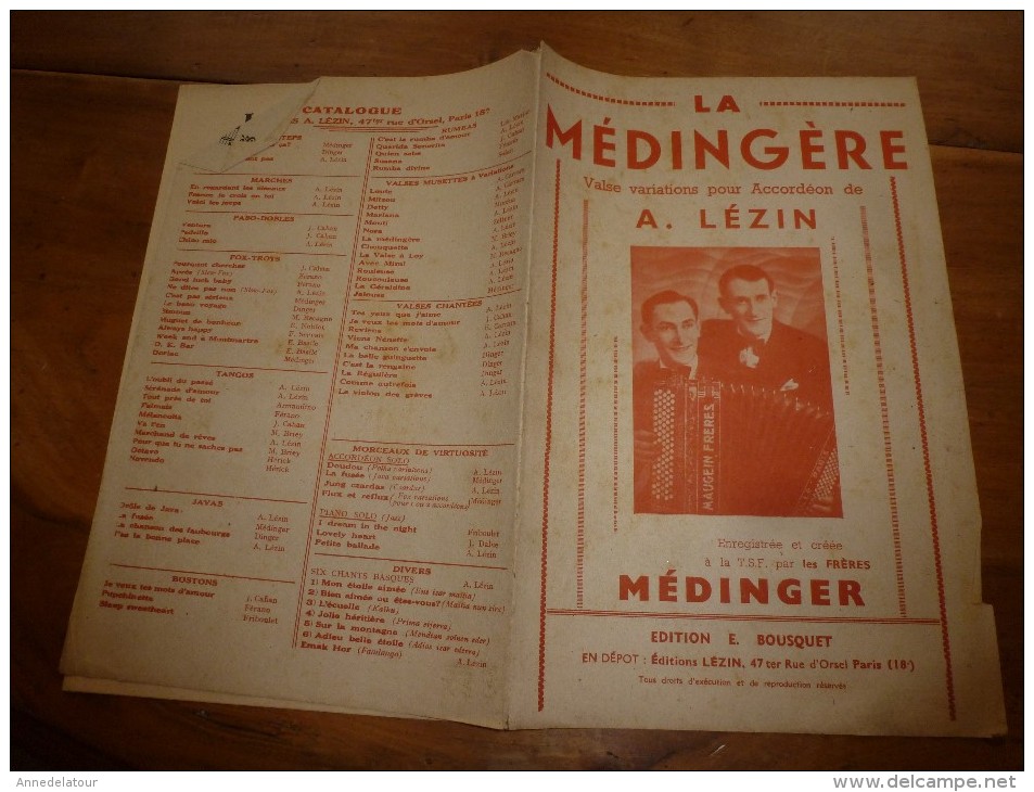 1946  Valse Pour Accordéon Des Frères Médinger (photo De Couverture  Des 2 Frères Jouant L'accordéon) LA MEDINGERE - Partitions Musicales Anciennes