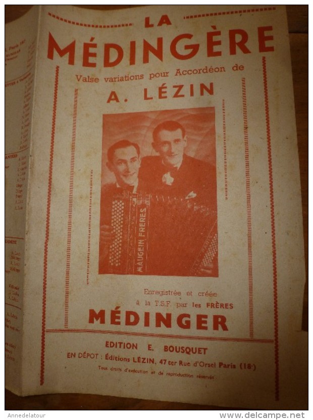 1946  Valse Pour Accordéon Des Frères Médinger (photo De Couverture  Des 2 Frères Jouant L'accordéon) LA MEDINGERE - Partitions Musicales Anciennes