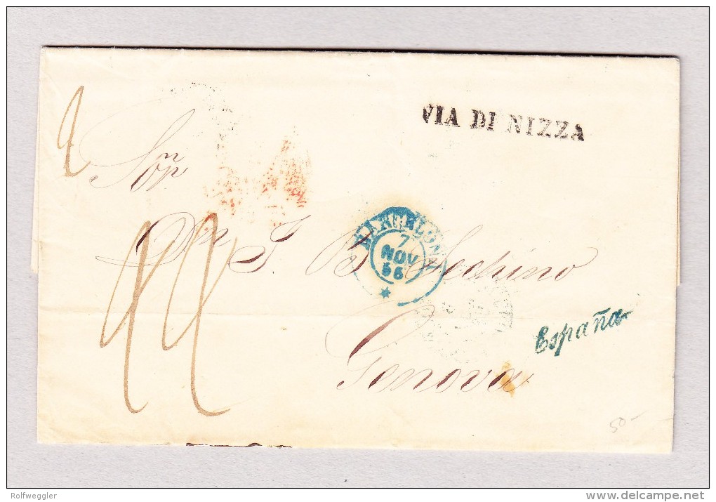 Spanien Barcelona 7.11.1856 Und Espana Schriftstempel Blau Via Di Nizza Brief Nach Genova Mit Transit Und AK-St - ...-1845 Préphilatélie