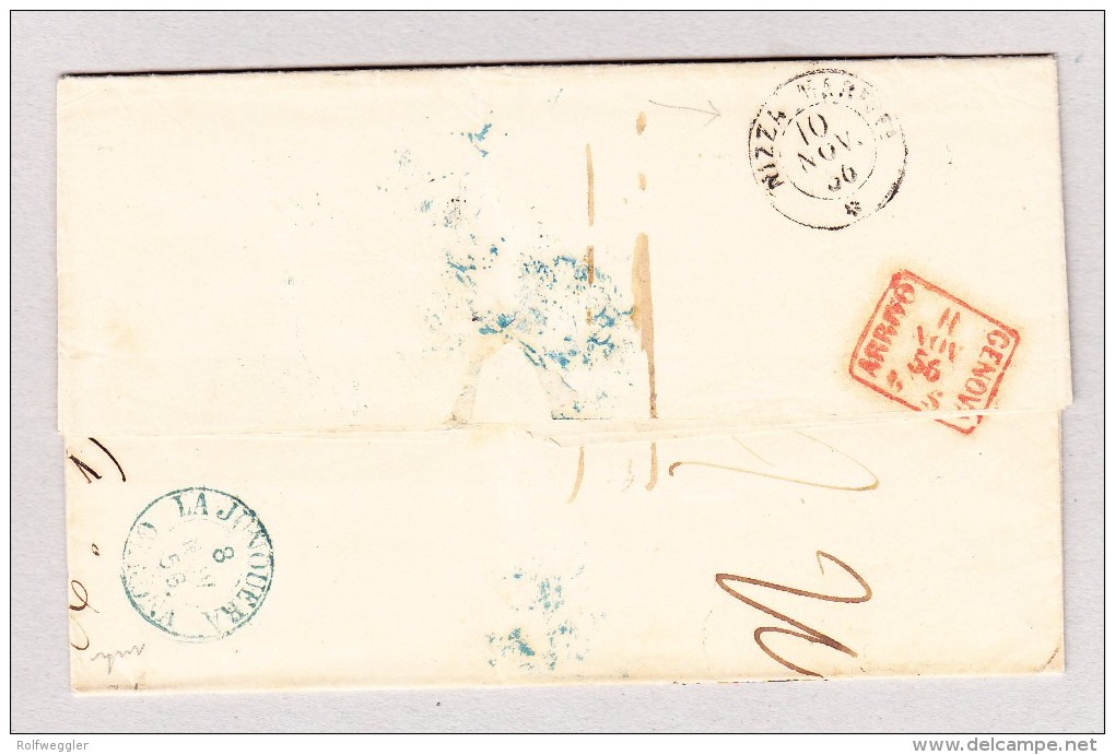 Spanien Barcelona 7.11.1856 Und Espana Schriftstempel Blau Via Di Nizza Brief Nach Genova Mit Transit Und AK-St - ...-1845 Préphilatélie