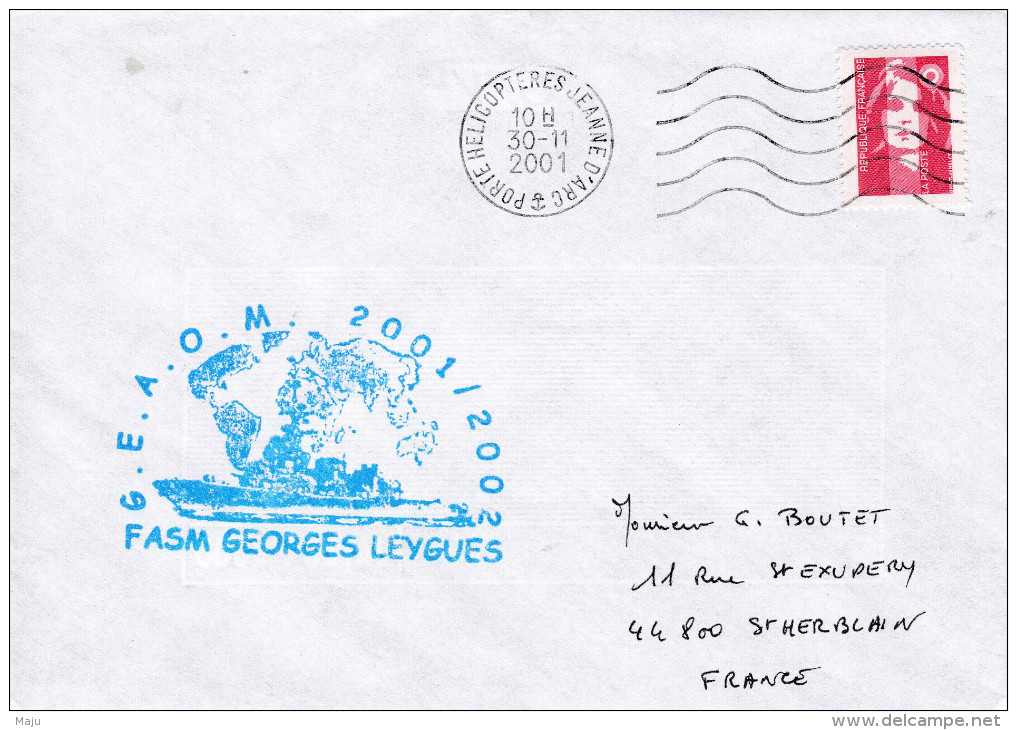 LETTRE  FASM GEORGES LEYGUES GEAOM  2001/2002 CACHET PORTE AVIONS JEANNE D4ARC 30/11/2001 - Posta Marittima