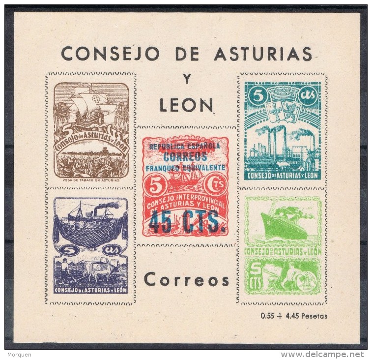 Hojita Guerra Civil  Consejo Asturias Y Leon,  Franqueo Equivalente Sobrecarga 45 Cts * - Asturien & Léon